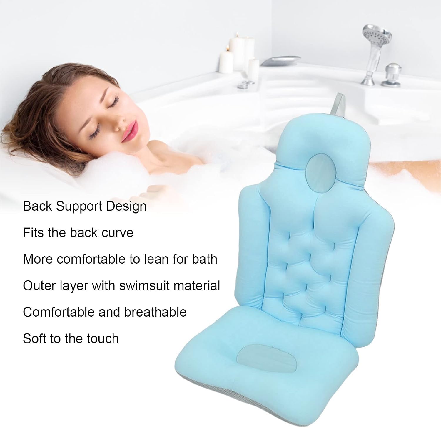 Full Body Bath Pillow Bathtub Cushion with Soft Folding Headrest, Back Support & Neck Support Pillow for Tub (Blue)