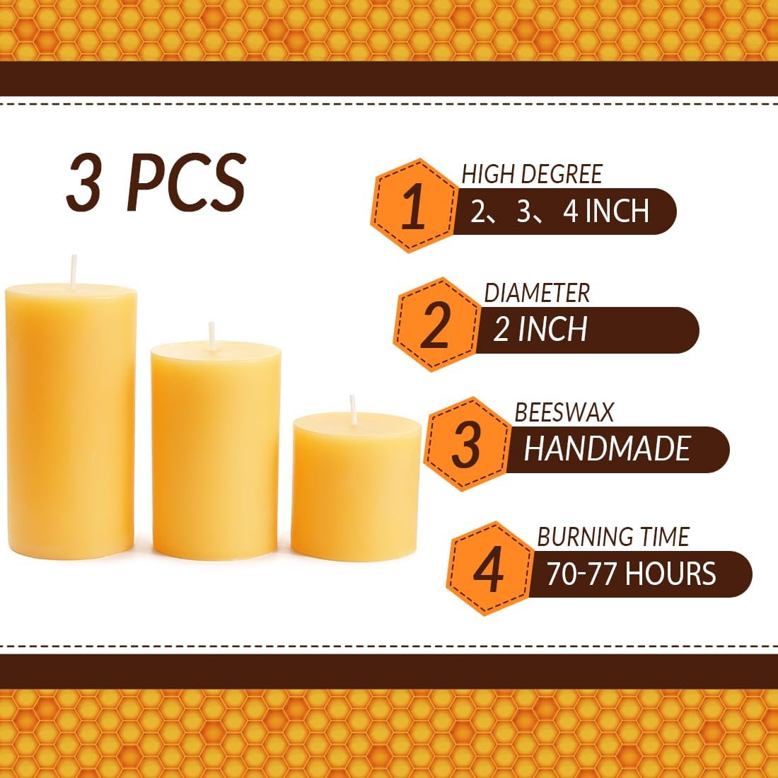 3 Pack Natural Beeswax Pillar Candles Gift of 2x2 2x3 2x4 Small Candles, Smokeless Dripless Pure Beeswax Candle with Natural Scent for Dinner Decor Bath Relaxation Housewarming Gift