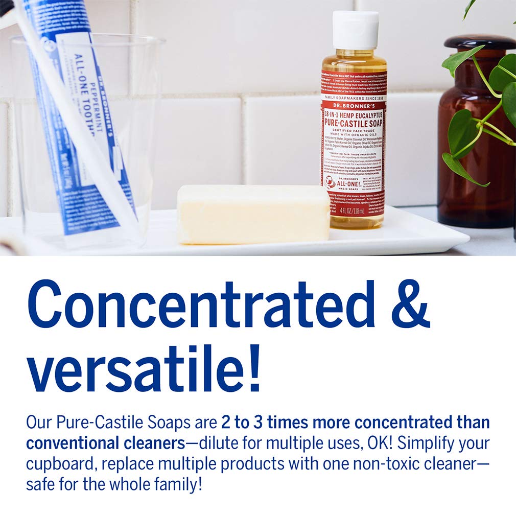 Dr. Bronner's - Pure-Castile Liquid Soap (Eucalyptus, 4 ounce) - Made with Organic Oils, 18-in-1 Uses: Face, Body, Hair, Laundry, Pets and Dishes, Concentrated, Vegan, Non-GMO