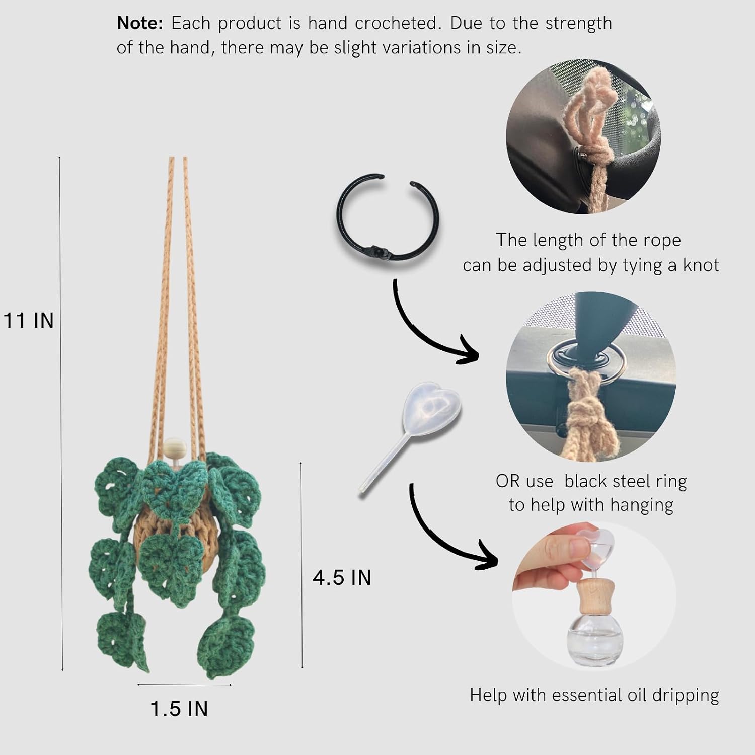 Cute Crochet Car Plant Monstera Essential Oil Diffuser Bottle - 12ml Refillable, Green Car Accessory for Mirror Decor and Home Decor