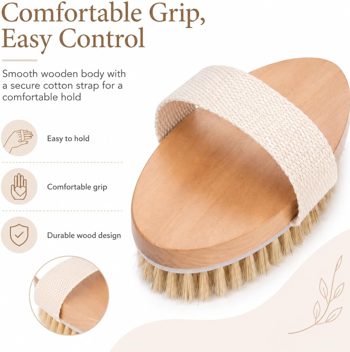 OPAZ Dry Body Brush 2 Pack, Natural Boar Bristle Exfoliating Body Brush for Dry Brushing, Handheld Shower Brush Scrubber with Wooden Handle & Cotton Strap, Skin Exfoliator Brush for Women and Men