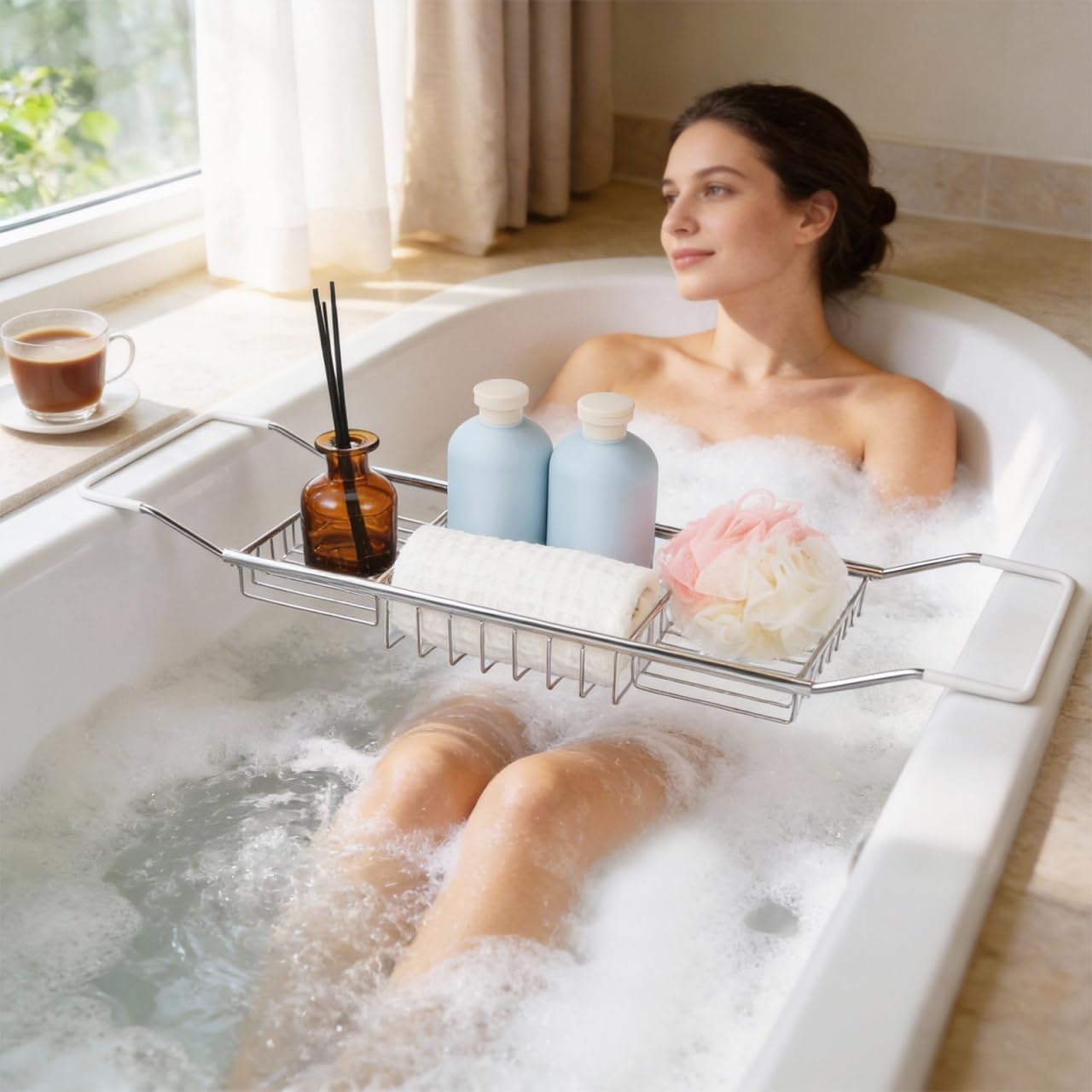 Cabilock Stainless Steel Expandable Bathtub Tray, Chrome Polished Telescopic Bath Tub Shelf, Bathroom Organizer for Soap, Shampoo, Phone and Sundries