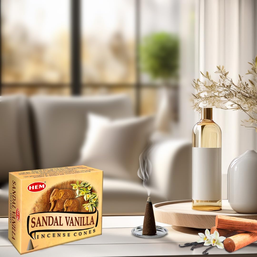 Hem Sandal Vanilla Incense Cones – 12 Pack (10 Cones Each) | Handcrafted in India | Soothing Sandalwood & Sweet Vanilla Aroma | Meditation, Relaxation & Home Fragrance
