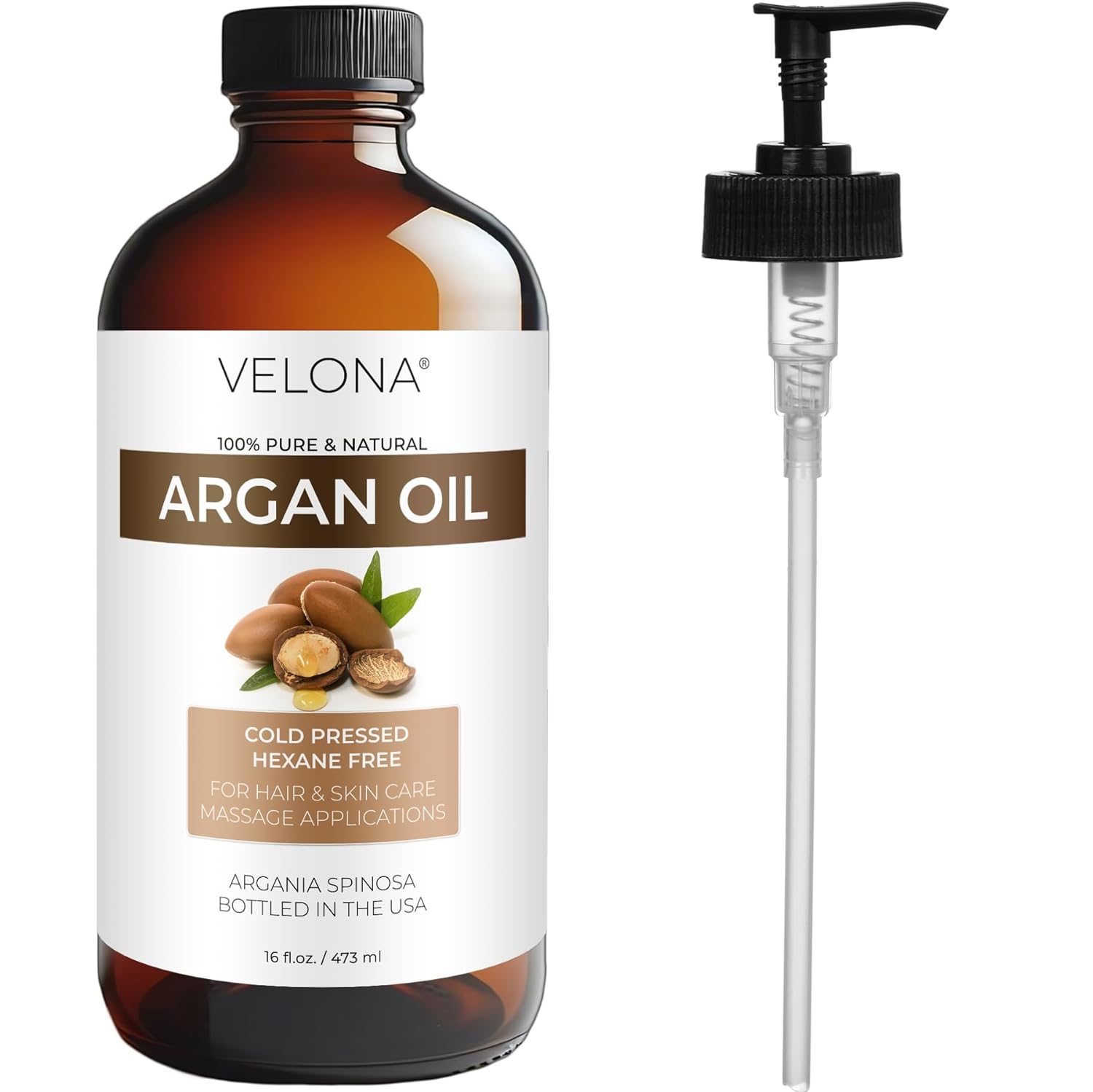 velona Argan Oil - 16 Fl Oz in Glass Bottle | 100% Pure and Natural | Morocco Oil | Skin, Body and Face Care | Nails Protector | Unrefined, Cold Pressed | Cap Kit