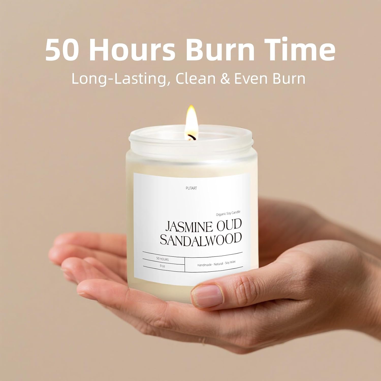 Jasmine, Oud & Sandalwood Scented Candles for Home, Natural Soy Wax Aromatherapy Non Toxic Candle Gifts for Women Men, Home Fragrance Decoration Glass Jar Candle for Relaxation (9oz White