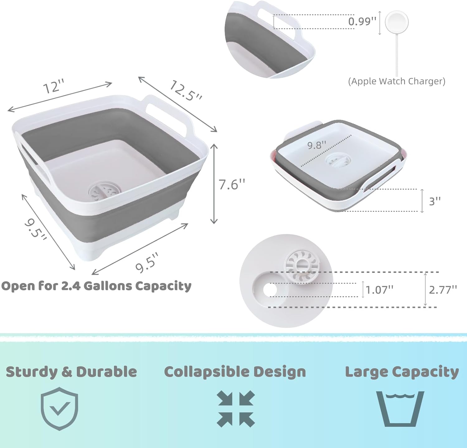 GIMWA Collapsible Wash Basin with Drain Plug - 2.4 Gallon Foldable Kitchen Sink for Baby Bottles, RV Camping, Space-Saving Dish Tub (Gray)