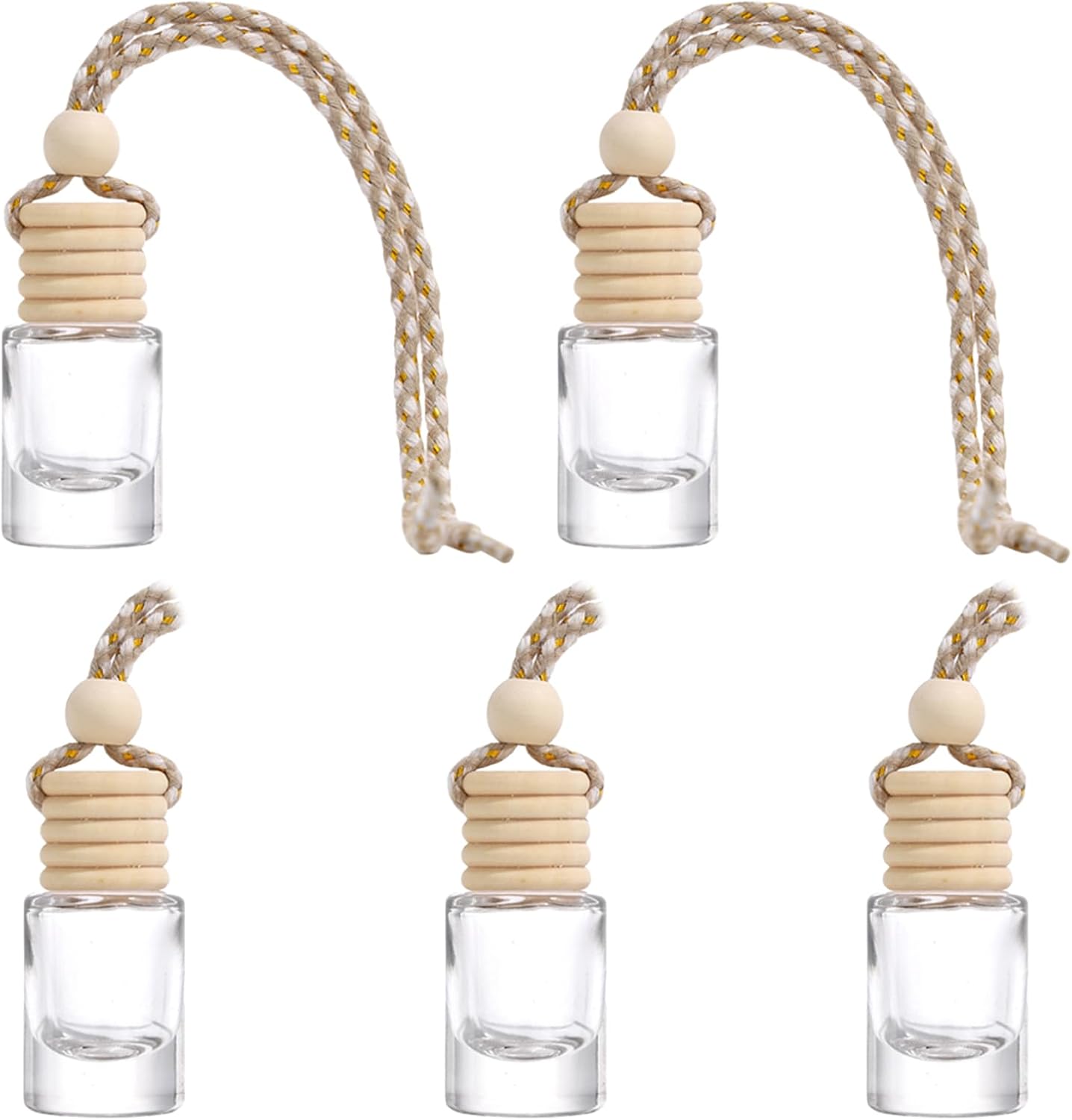 5 Pcs 5ml0.17oz Empty Hanging Car Air Freshener Diffusers Clear Glass Essential Oil Aromatherapy Pendant Vials with Wooden Caps and String Refillable Perfume Bottles for Fragrance