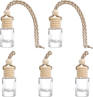 5 Pcs 5ml0.17oz Empty Hanging Car Air Freshener Diffusers Clear Glass Essential Oil Aromatherapy Pendant Vials with Wooden Caps and String Refillable Perfume Bottles for Fragrance