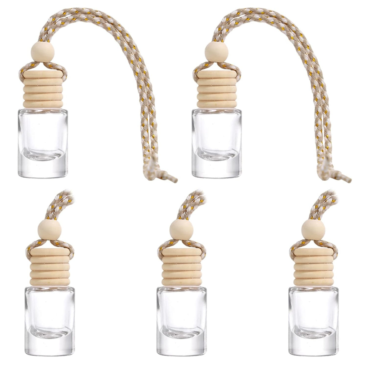 5 Pcs 5ml0.17oz Empty Hanging Car Air Freshener Diffusers Clear Glass Essential Oil Aromatherapy Pendant Vials with Wooden
