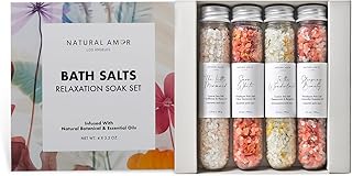 Natural Bath Salt Gift Set – 4-Pack Relaxing Soaks with Himalayan Pink Salt, Sea Salt, Essential Oils, Jojoba Oil & Dried Flowers – Spa Gift for Women & Self Care