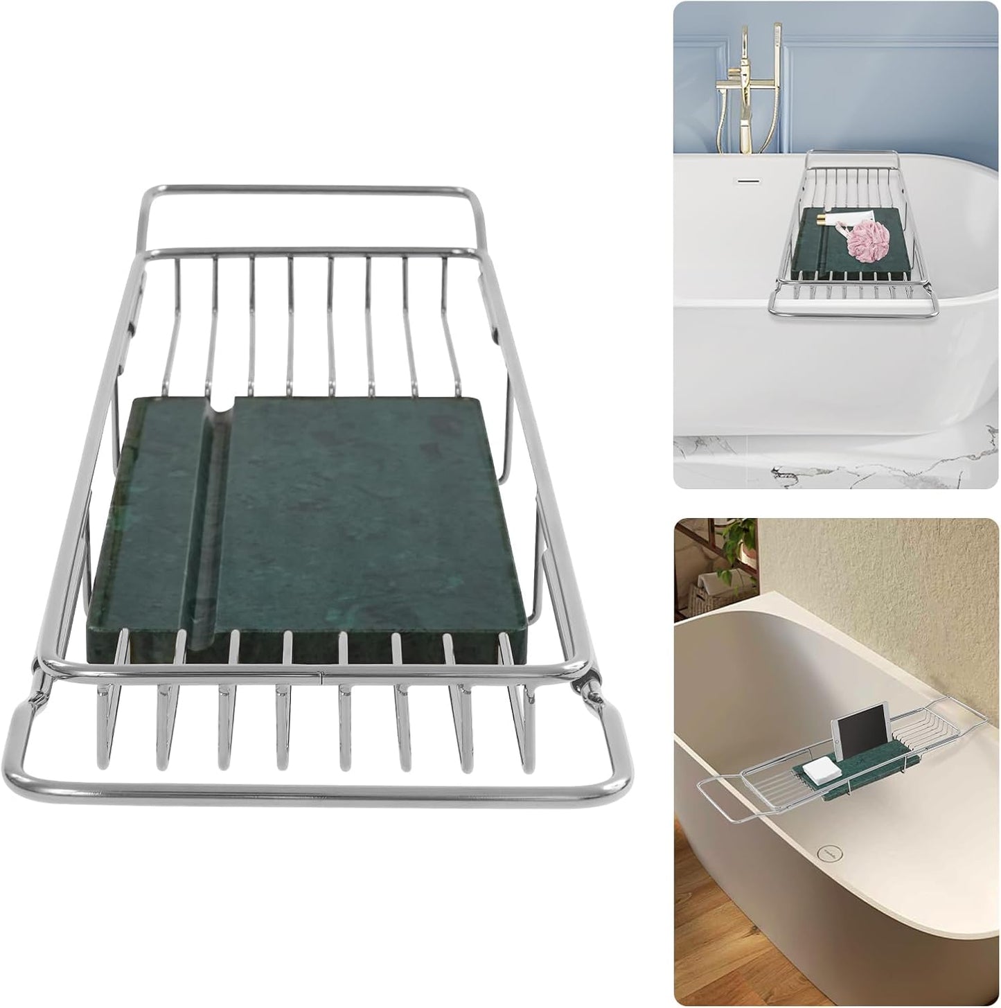 Bacocoo Bathtub Tray Caddy for Luxury Bath Expandable Extra Wide Bath Tub Tray with Natural Marble Tray and Mobile/Tablet Stand, Ideal for Home Spa Lovers. (Sliver+Green)