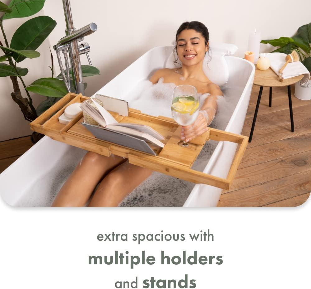 TranquilBeauty Premium Bath Caddy | Bath Board with iPad, Tablet, and Phone Stand | Extendable Wooden Tray Bath Rack