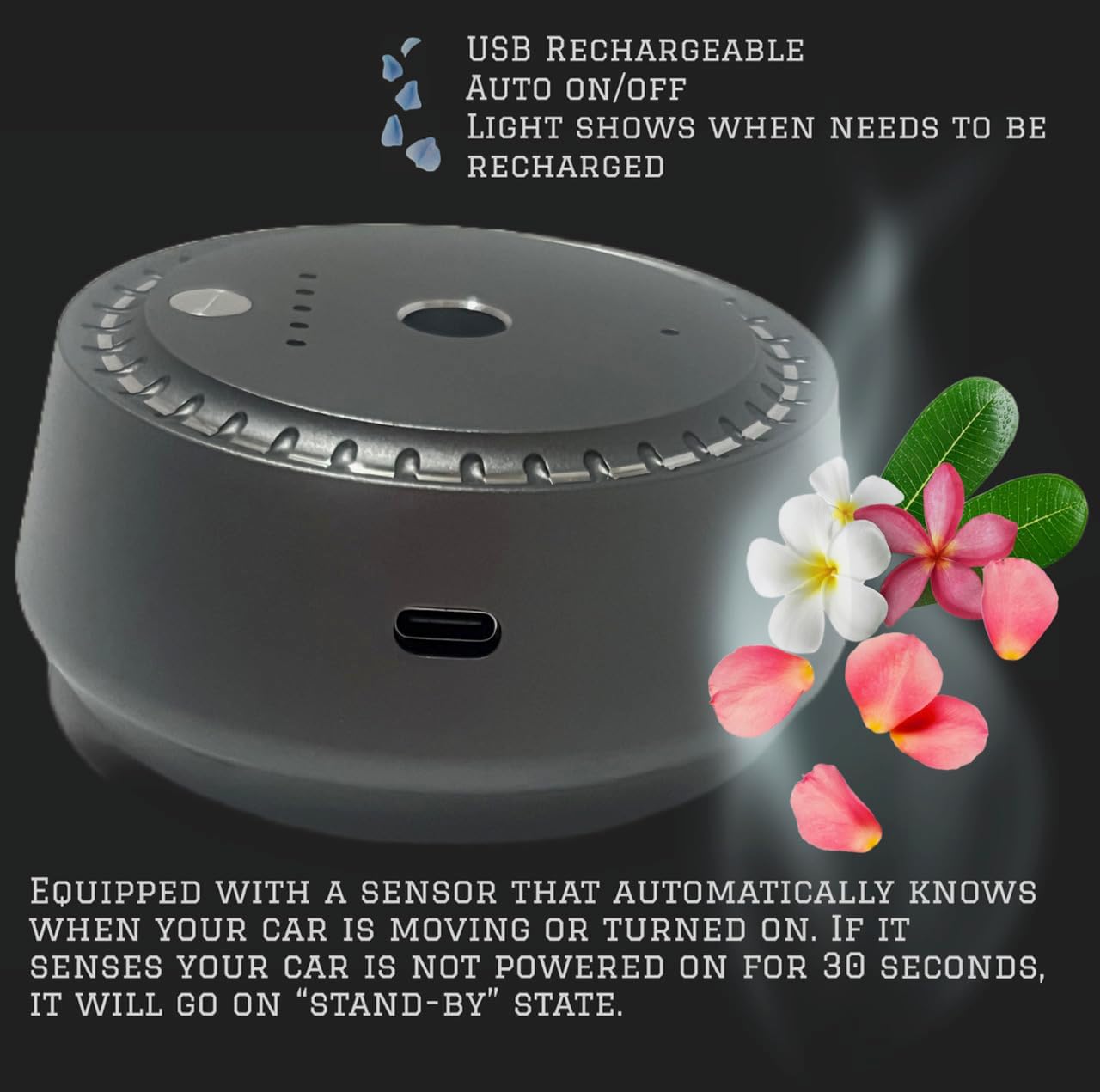New Smart Aroma Diffuser, Automatic Freshener, Auto On/Off USB Waterless Essential Oil Diffuser for Car, Rechargeable Black and Chrome Mini Luxury Diffuser