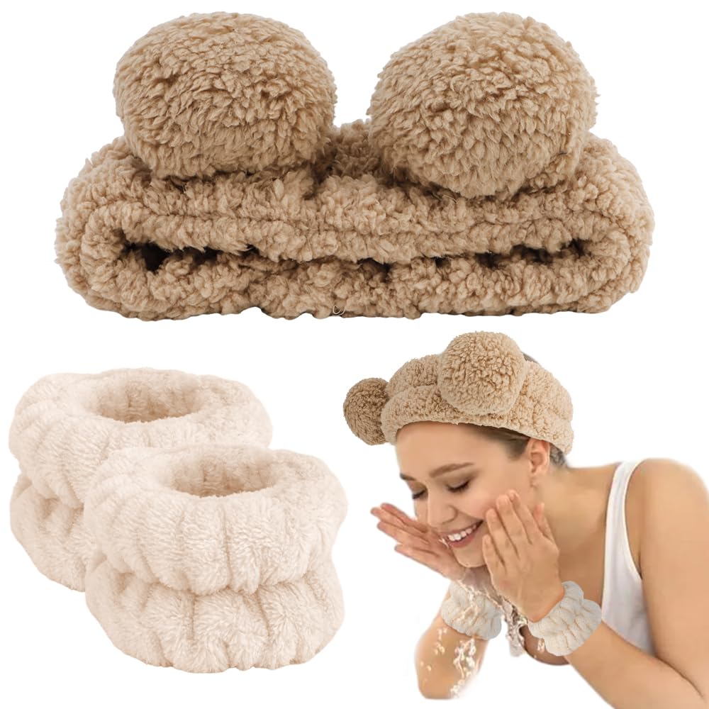 AHONEY Spa Bear Ears Headband, Face Wash Headband and Wristband Set, Cute Fluffy Makeup Skincare Headbands Wrist Bands for Washing Face Elastic for Women Girls Cosmetic (Khaki)