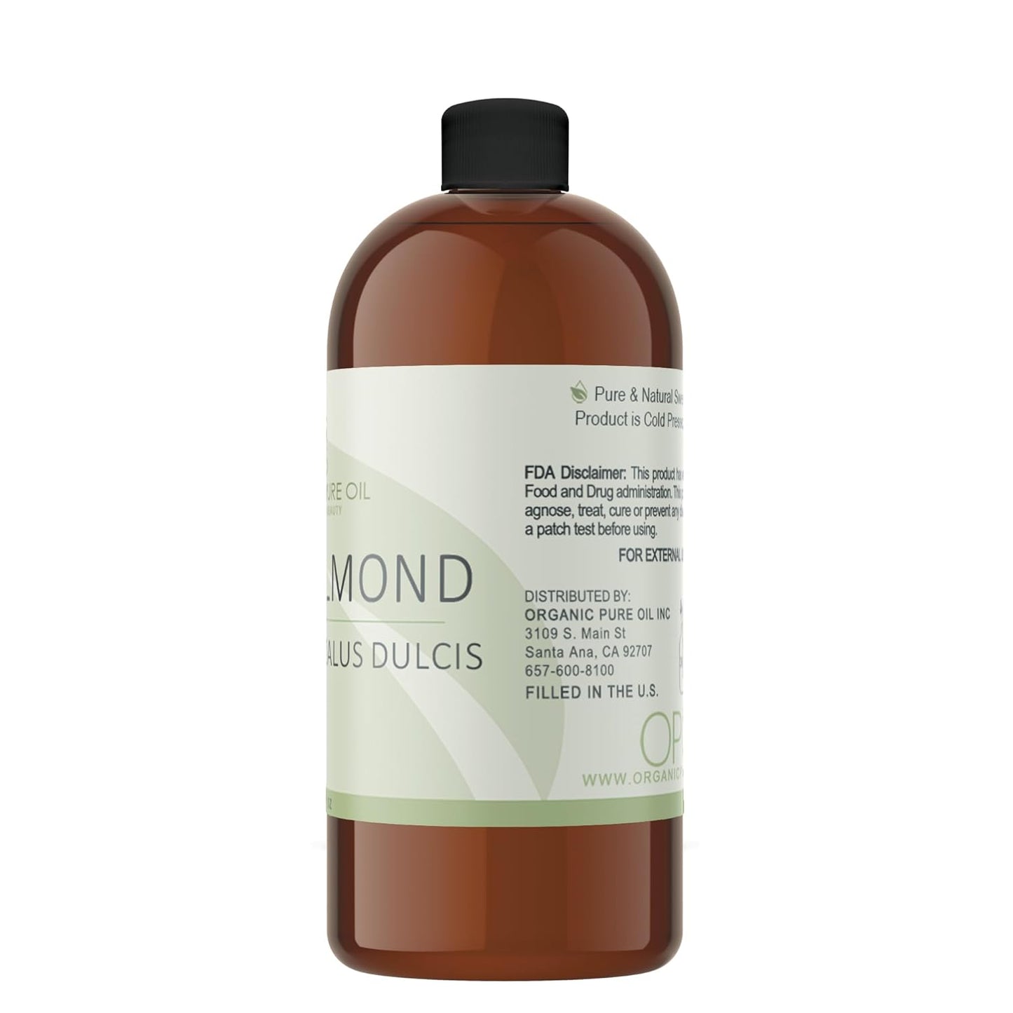 Sweet Almond - Pure & Cold Pressed, Non-GMO, Unrefined, Vegan, Extra Virgin Unrefined 32 OZ for Face Hair Skin Body Lips By Organic Pure Oil - Packaging May Vary