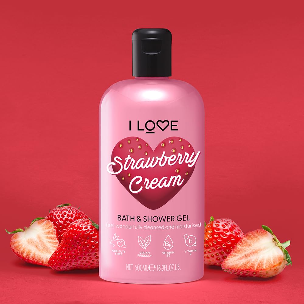 I Love Strawberries and Cream Bath and Shower Cream - Hydrating Body Wash and Bubble Bath - with Natural Fruit Extracts and Provitamin B5-16.9 oz