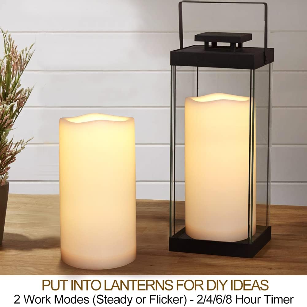 Pack of 2 Large Outdoor LED Pillar Candles 4x8 White with Timer and Remote – IP65 Waterproof Battery Operated LED Pillar Candles - Flickering Flameless Pillar Candles Unscented for Outside