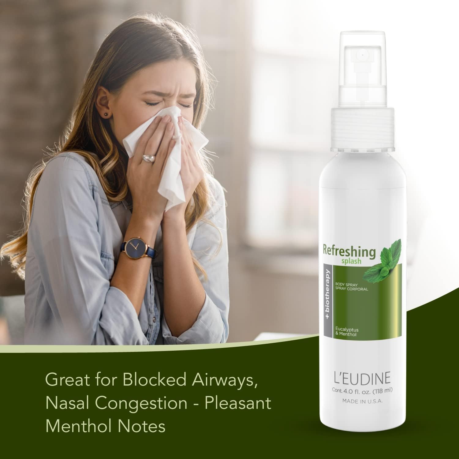 L’EUDINE Refreshing Splash - Pack of 3 - Air Freshener Spray – 4fl oz, Eucalyptus Spray for Body, Clothes, Bedding, Home, Car – Great for Blocked Airways, Nasal Congestion – Pleasant Menthol Notes