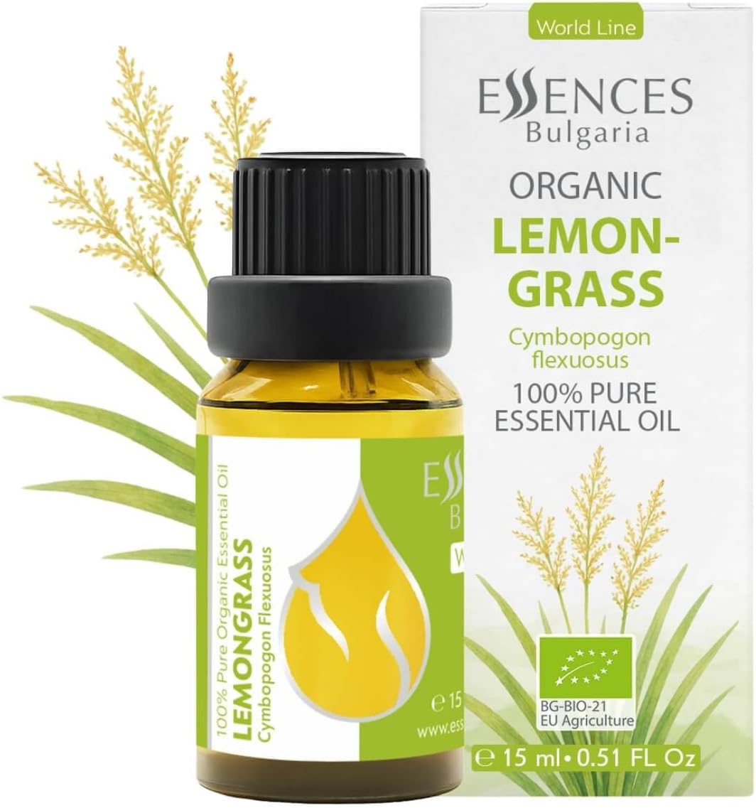 Essences Bulgaria Organic Lemongrass Essential Oil 0.51 Fl Oz | 15ml | Cymbopogon flexuosus | 100% Pure | Natural | Undiluted | Therapeutic Grade | Aromatherapy | Cosmetics | Cruelty Free | Vegan