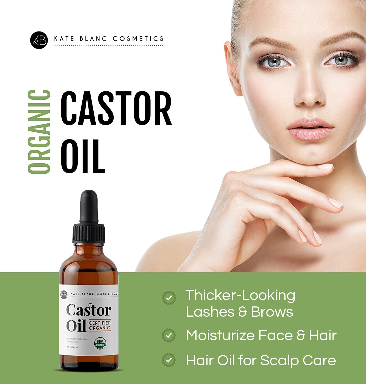 Kate Blanc Cosmetics Castor Oil Organic for Hair, Lashes, Face, Skin (2oz), 100% Pure, Cold Pressed, Hexane Free Hair Oil. Lash Serum for Thicker-Looking Eyelashes & Eyebrows