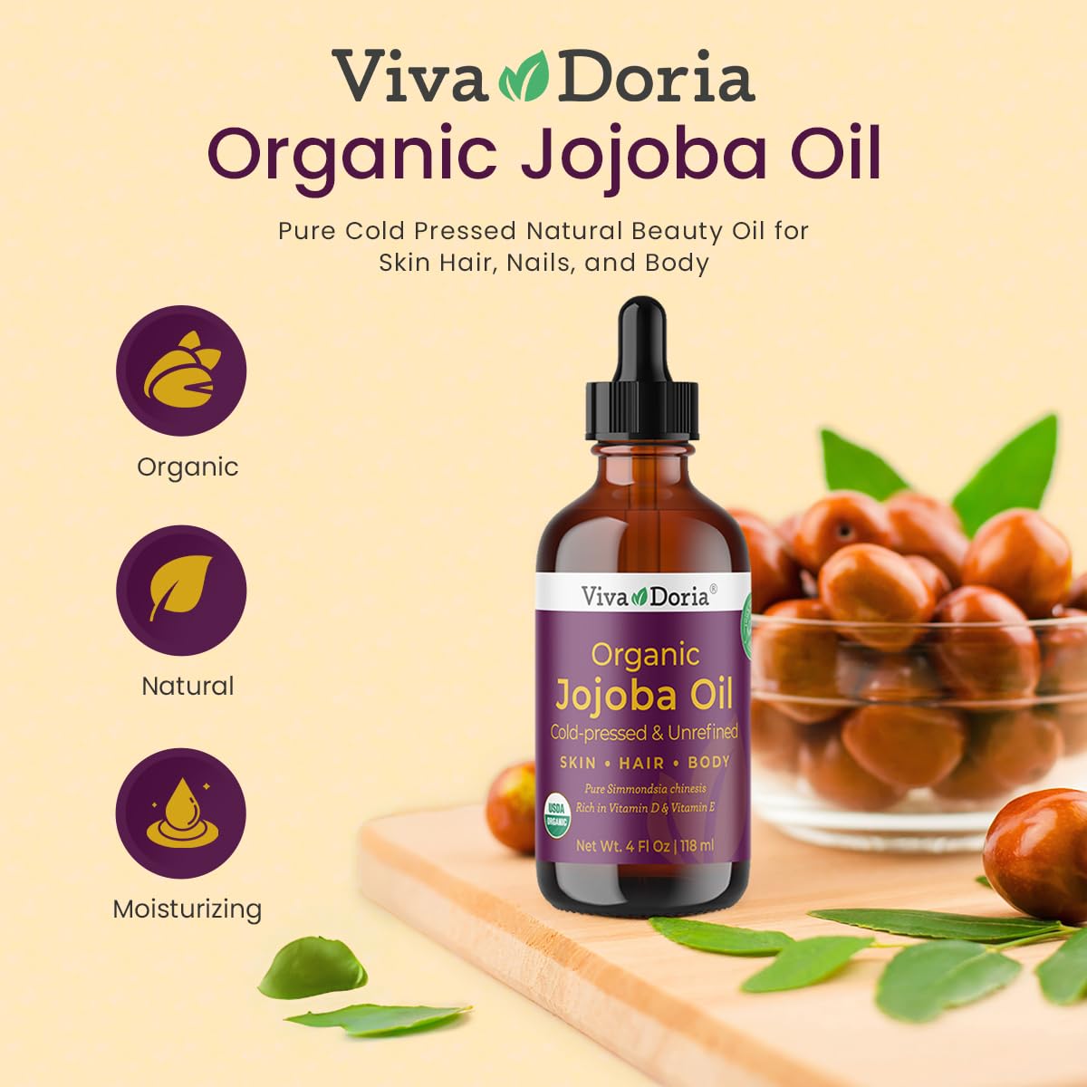 Viva Doria Jojoba Oil, USDA Certified Organic, 4 fl oz, Natural Jojoba Oil for Hair, Skin & Face, Cold Pressed Unrefined
