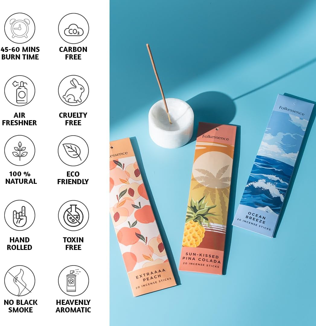Folkulture Incense Sticks with Holder (120 Sticks) | Set of 6 Fruit Incense Sticks for Energy & Relaxation | No Charcoal, Non Toxic, Long Burning Ocean Breeze, Mango, Strawberry Insence-Sticks