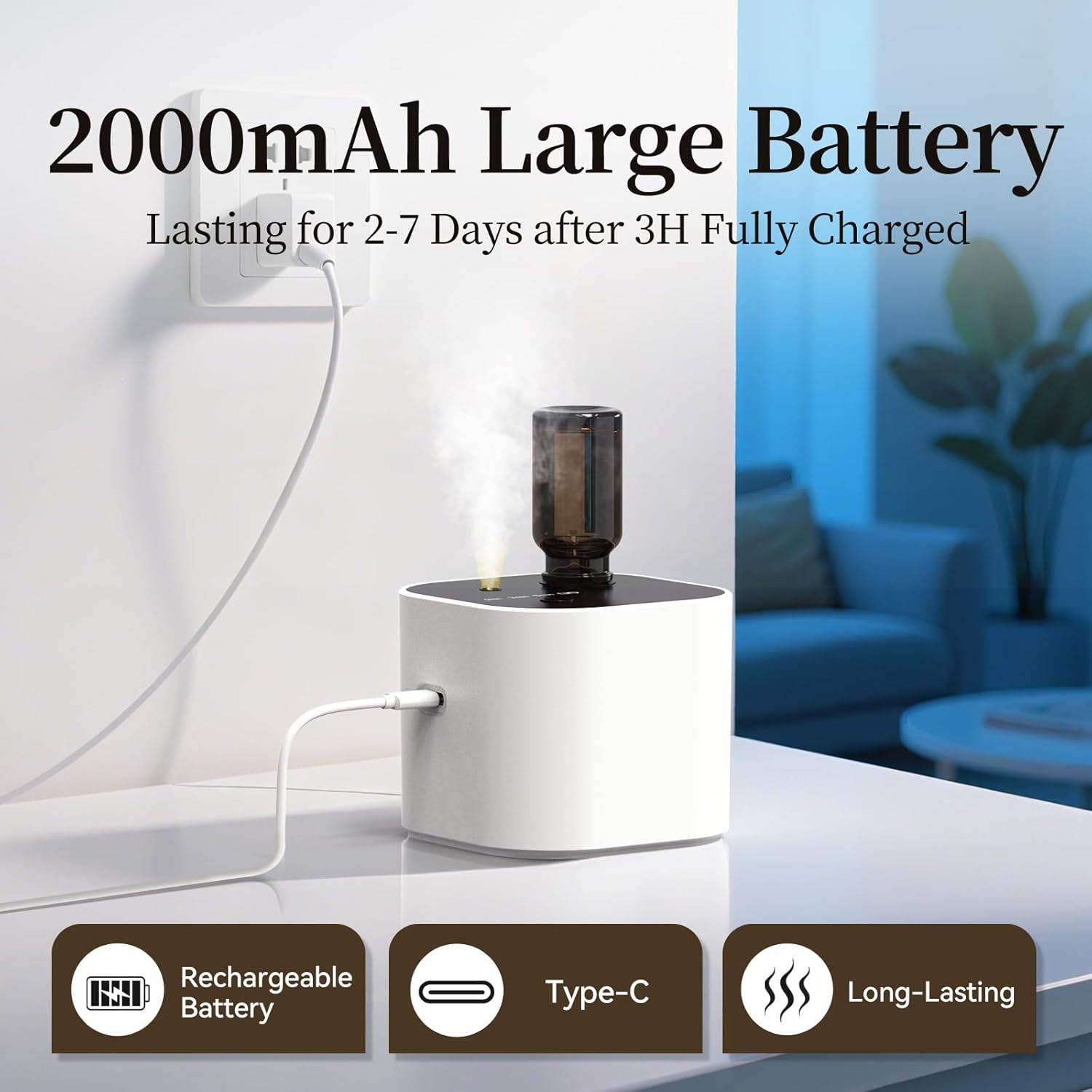 Waterless Essential Oil Diffuser,Portable Scent Diffuser with Battery Operated,3 Mist Modes,Fast Charging,Mini Aromatherapy Diffusers for Home,Bedroom,Office,Includes 10ml Essential Oil,White