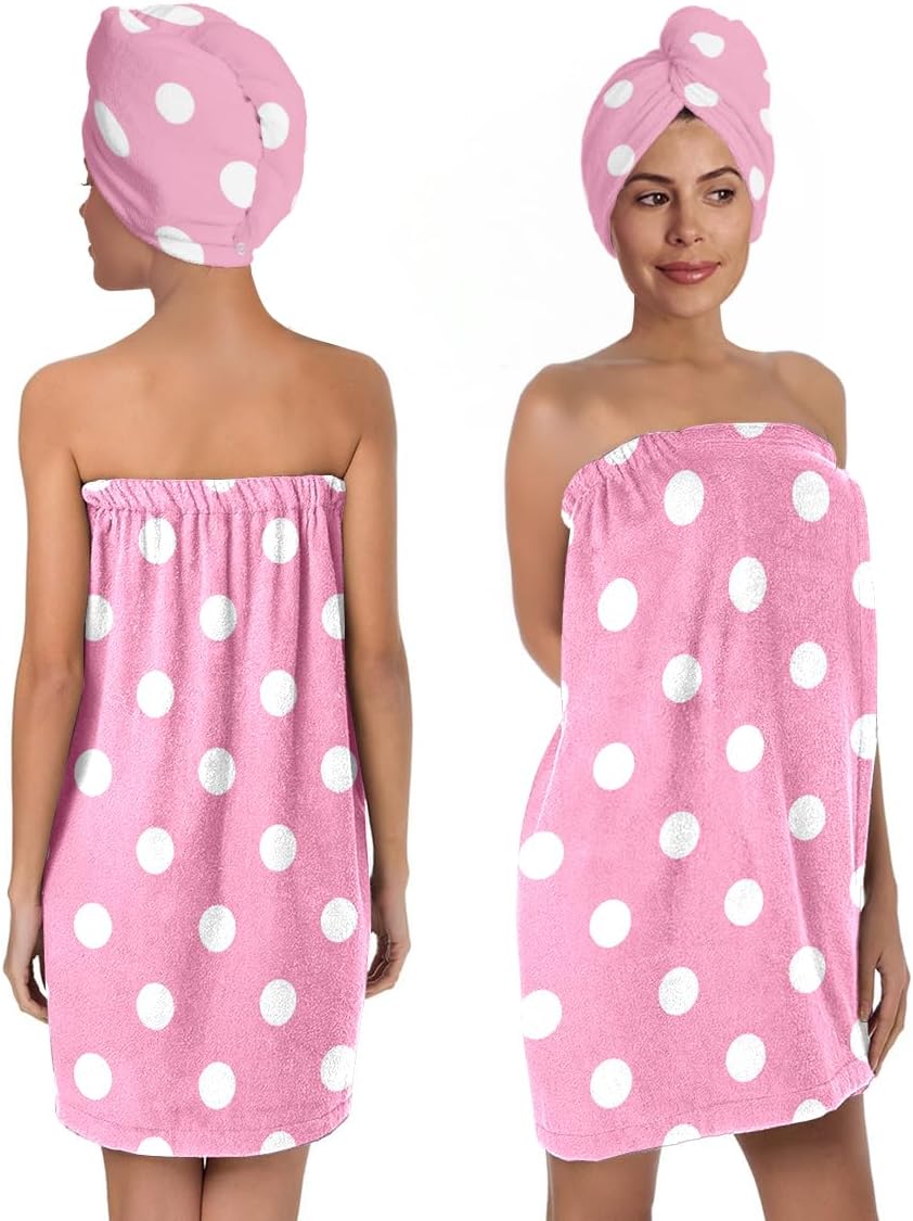 Pink White Polka Dot Bath Wrap Set with Hair Turban, Pink and White Dot Pattern Spa Towel Wrap, Towel Robe for Women
