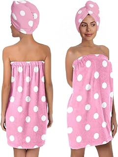 Pink White Polka Dot Bath Wrap Set with Hair Turban, Pink and White Dot Pattern Spa Towel Wrap, Towel Robe for Women