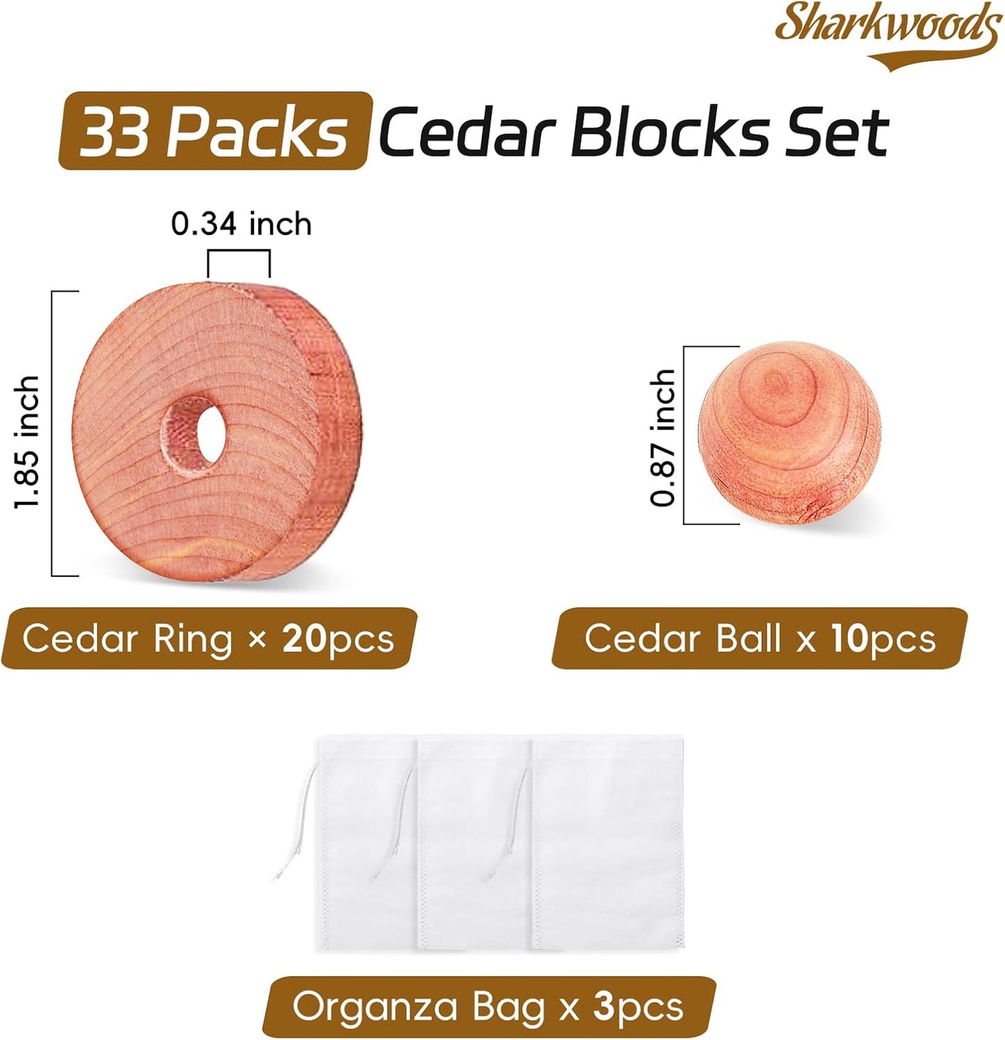 Cedar Blocks for Clothes Storage 33 Pack, 20 Rings 10 Balls 3 Storage Bags, 100% Natural Aromatic Accessories for Closets and Clothes