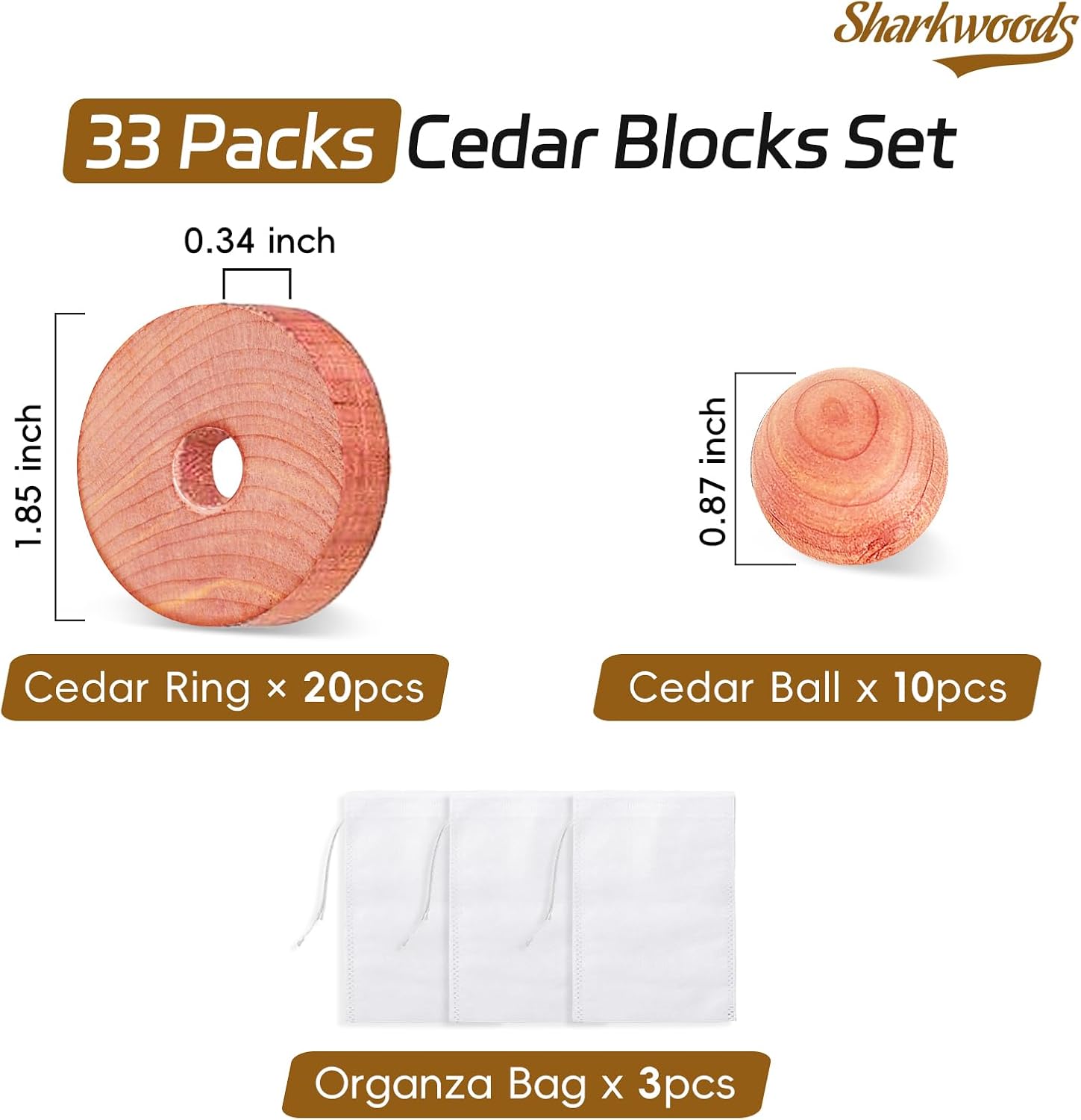 Cedar Blocks for Clothes Storage 33 Pack, 20 Rings 10 Balls 3 Storage Bags, 100% Natural Aromatic Accessories for Closets and Clothes