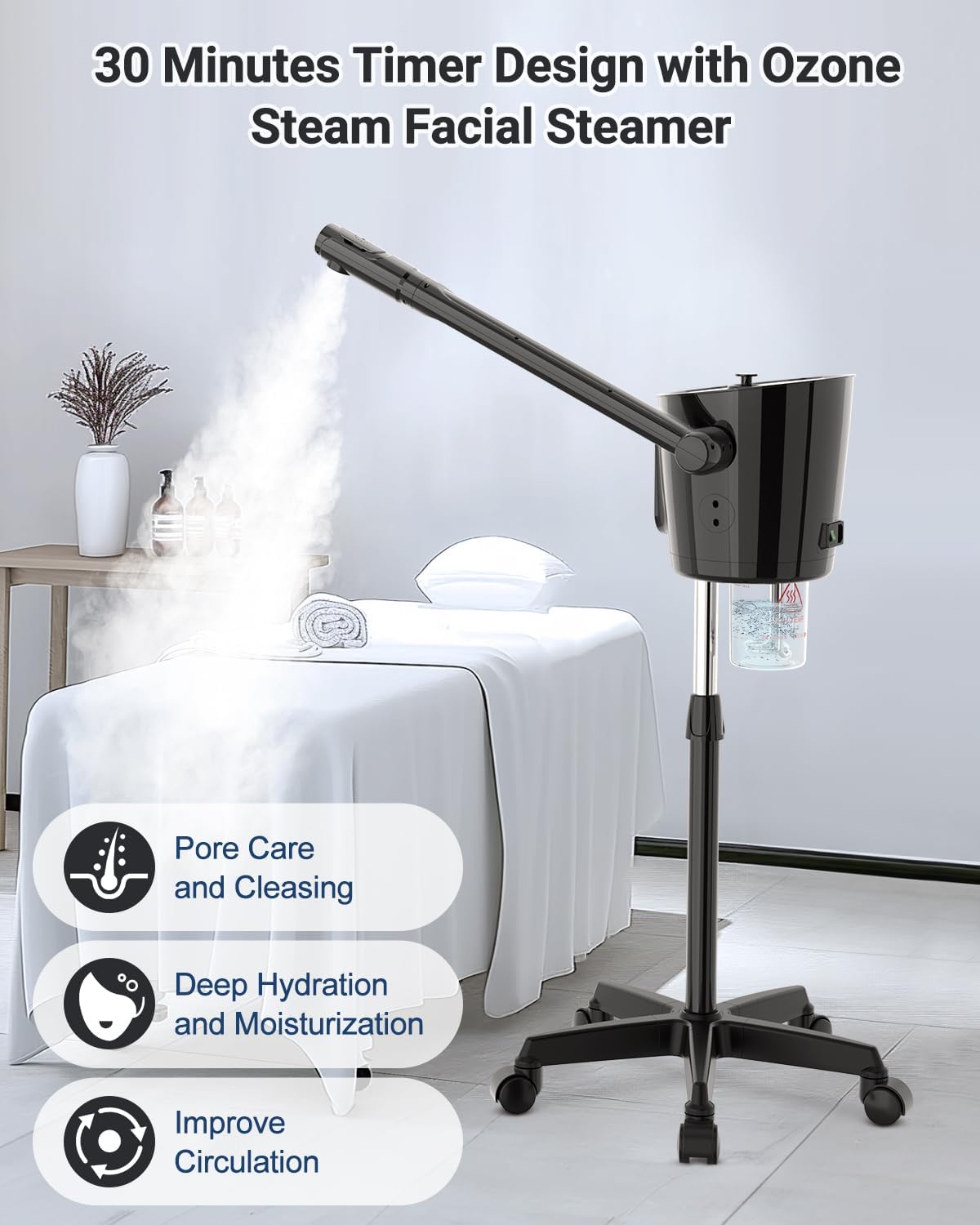 Professional Facial Steamer with Ozone - Ionic Nano Hot Mist Steamer with Large Capacity and 30-Min Timer for Estheticians, Beauty Salons, and Home Skin Care Use