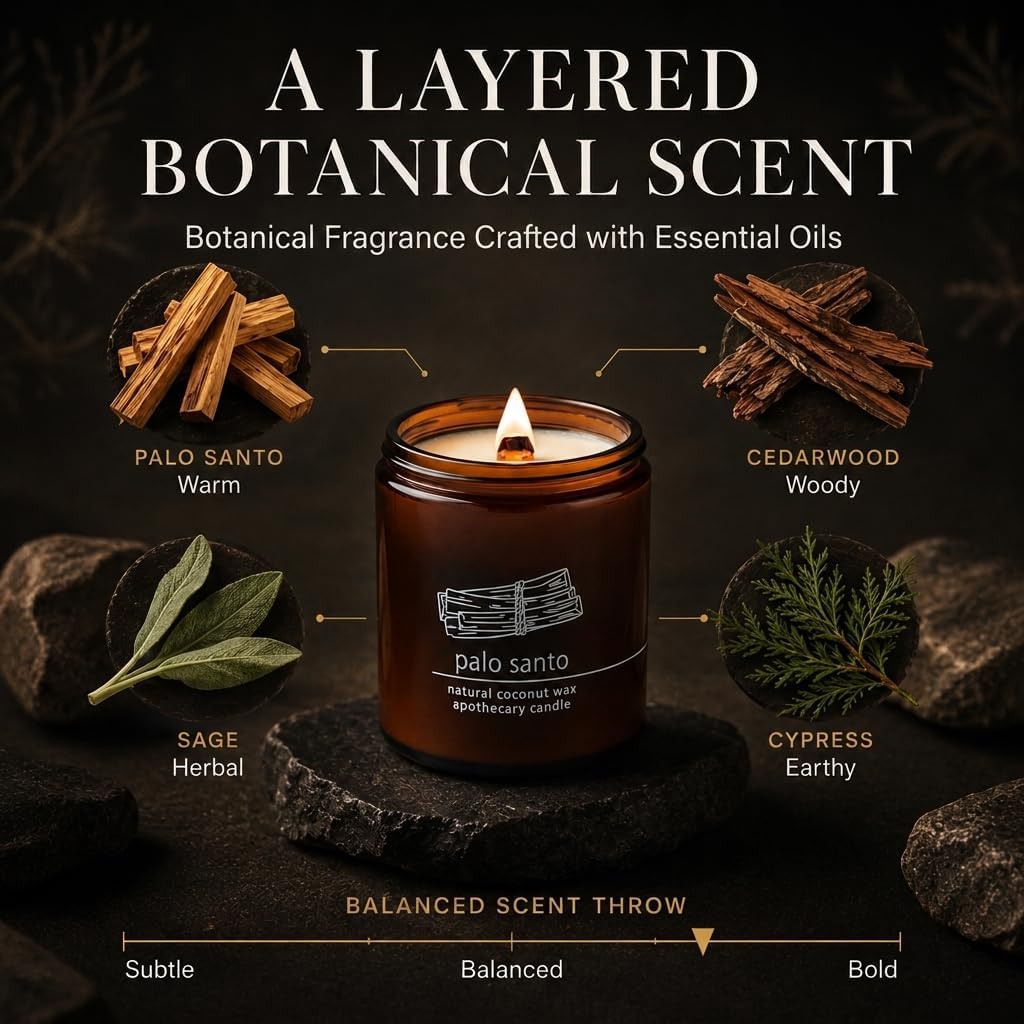 Hemlock Park Palo Santo Apothecary Scented Candle | Crackling Wood Wick, Botanical Fragrance & Coconut Apricot Wax | Up to 60 Hour Burn Time | 8 oz | Made in USA
