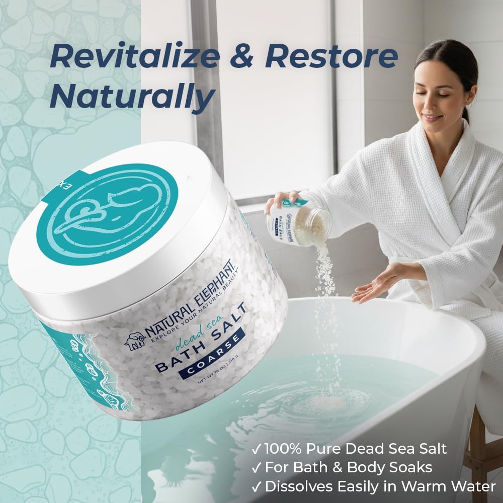 Natural Elephant Dead Sea Bath Salt Bathing and Foot Soak for Relaxing and Nourishing- 100% Pure with Essential Oil - Medium Coarse Grain (18 oz Jar, Eucalyptus Mint)