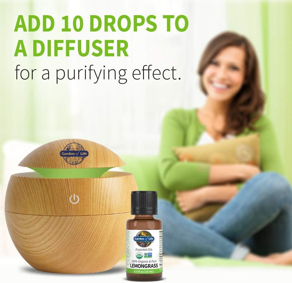 Garden of Life Essential Oil, Lemongrass 0.5 fl oz (15 mL), 100% USDA Organic & Pure, Clean, Undiluted & Non-GMO - for Diffuser, Aromatherapy, Meditation - Cleansing, Relaxing, Calming, Cleaning