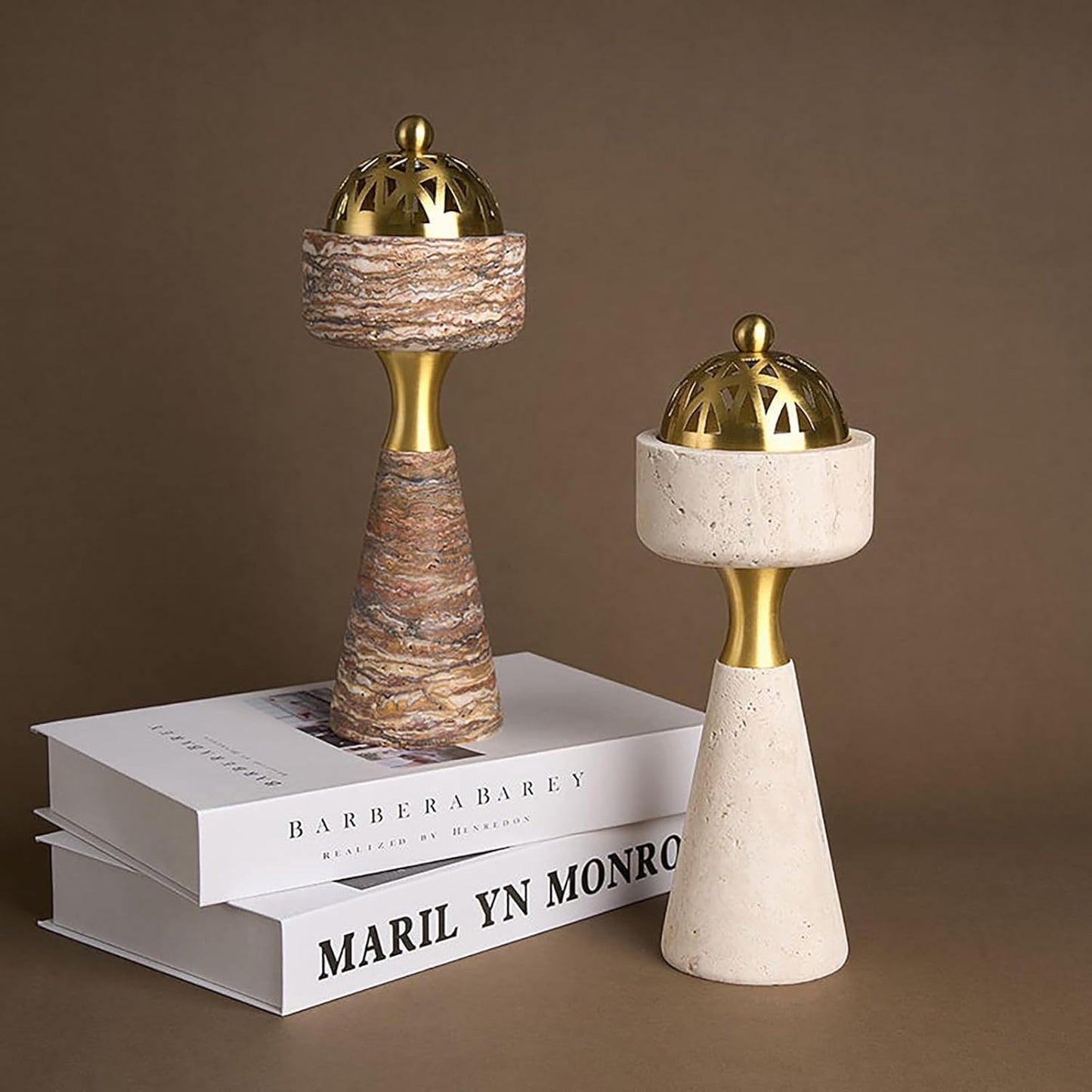 Marble Incense Burner with Brass Cover, 11 x 3.8 inches, Multi-Purpose Holder for Cones, Coils and Sticks (White)