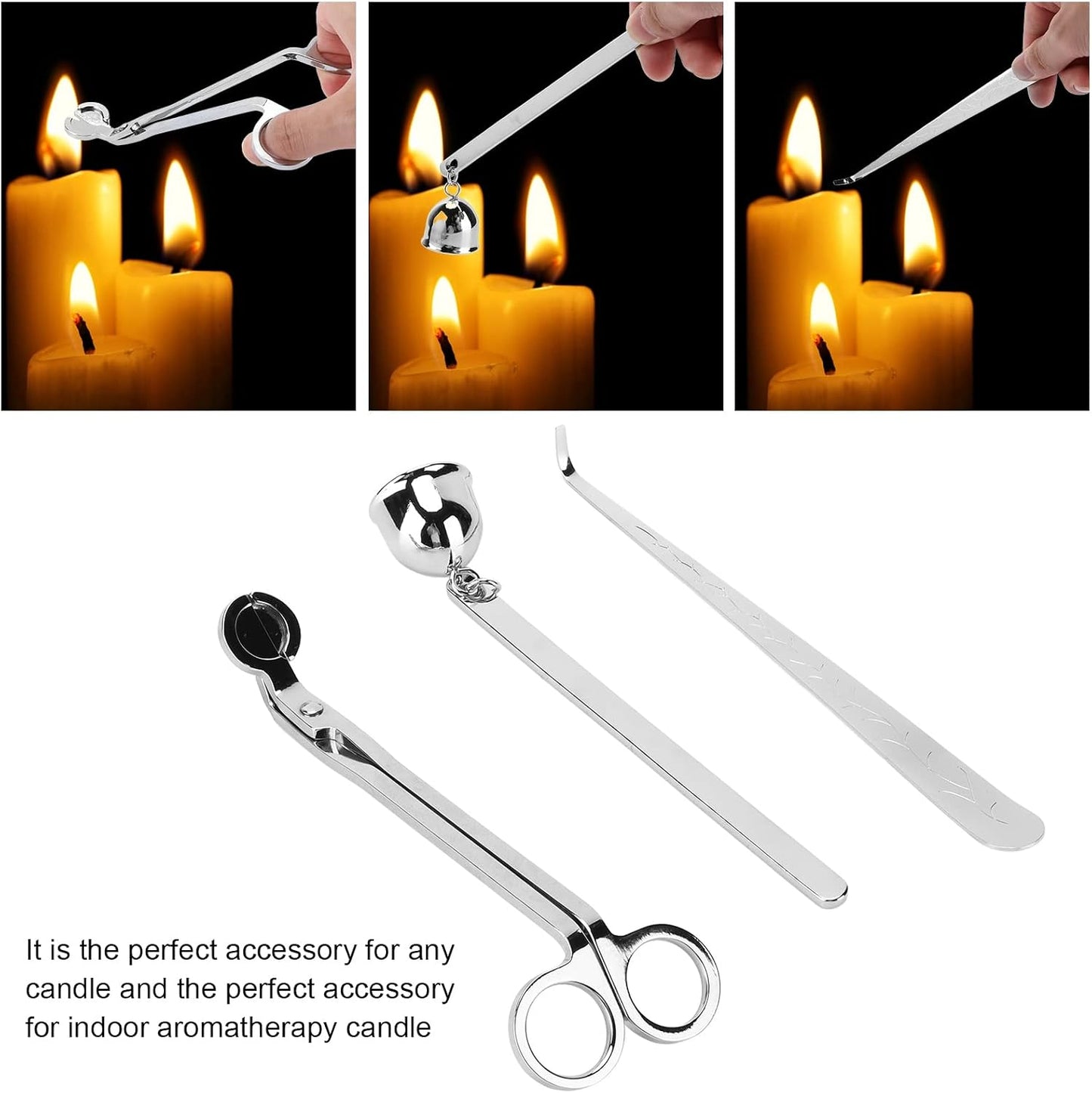 Candle Wick Trimmer Set, Silver Candle Tool Kit with Wick Scissors, Dipper and Extinguisher, Elegant Stainless Steel Candle Accessories for Aromatherapy, Gift Giving and Home Decor