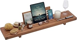 AquaTeak 30" Manada Teak Bathtub Tray Caddy - Durable, Water-Resistant Bath Tray for Tub with Foldable Book & Tablet Stand - Fits Standard Soaking Bathtubs - Bathroom Accessories for Spa