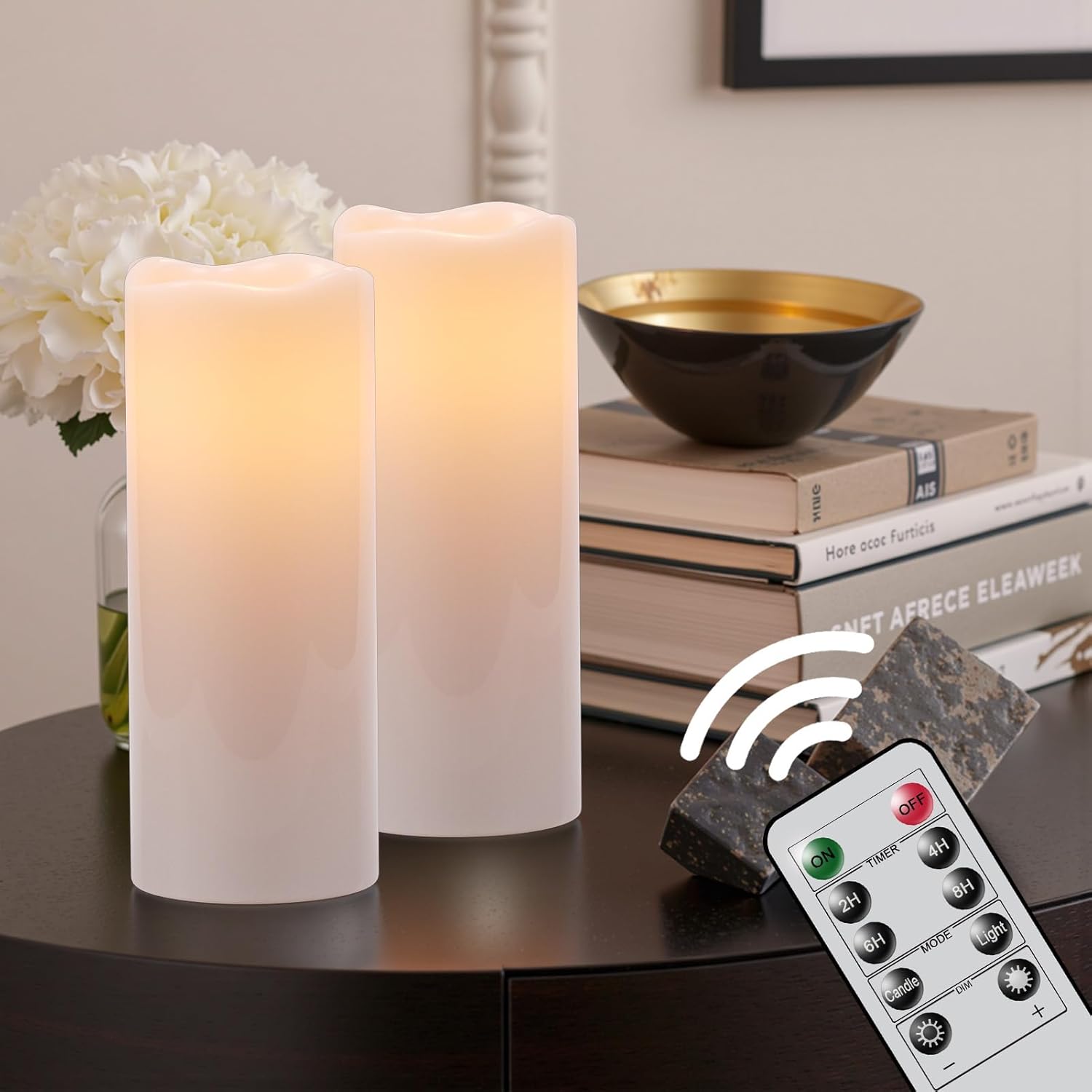 GenSwin Waterproof Large Flameless Candles with Remote for Lanterns, 2 Pack 4" x 10" Battery Operated with Timer, LED Pillar Candles Flickering for Indoor Outdoor Lanterns, Long-Lasting for Decor