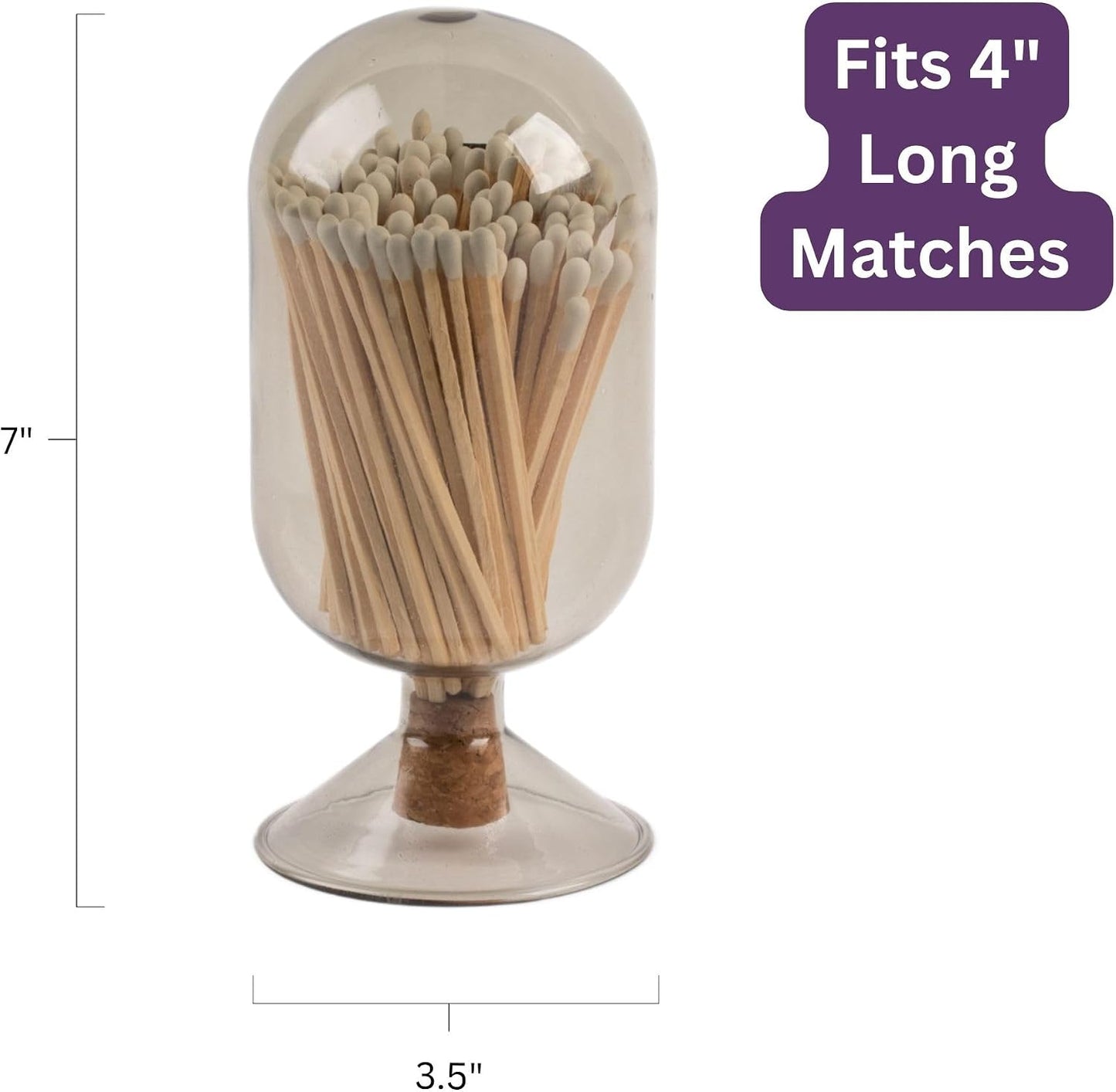 Premium Glass Match Cloche - Matches in a Jar with Striker. Great for Candles, Fireplace. Or Use Bottle for Bath Salts, Accessories. Includes Striker and Safety Matches (White)