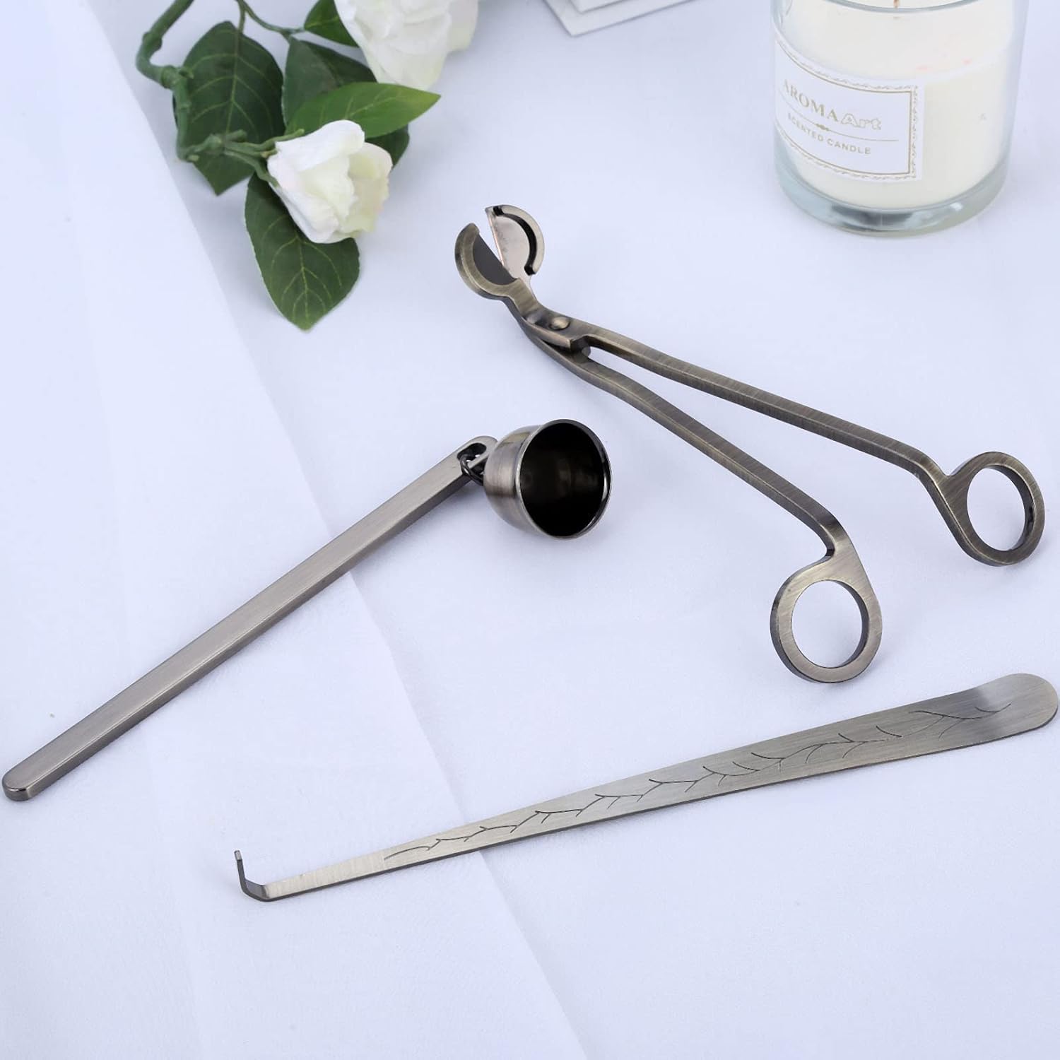 MUXSAM 3 in 1 Candle Accessories Set, Wick Trimmer, Snuffer, Dipper, Cutter for Candles, Home, Wedding, Party (Silver)