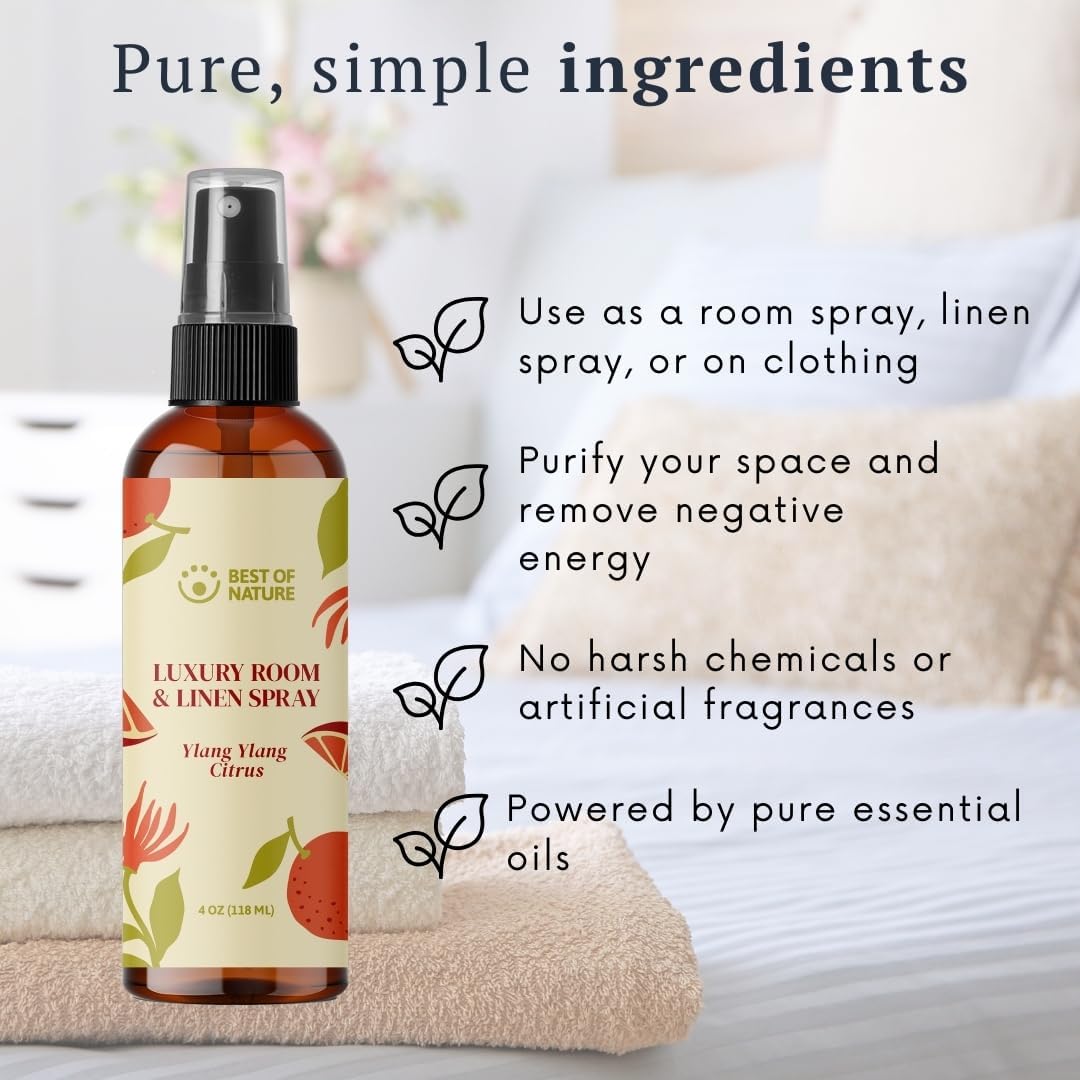 Best of Nature Luxury Room & Linen Spray – All-Natural Essential Oil Air Freshener for Home, Bedroom, Bathroom & Linens – Plant-Based, Family-Safe, Relaxing Aromatherapy Mist (Ylang Ylang Citrus)