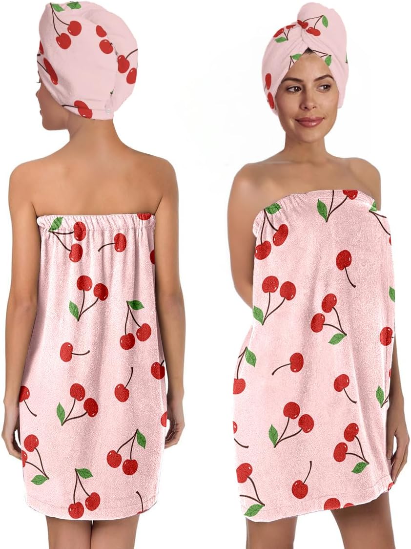 Women's Cherry Print Towel Wrap and Hair Drying Cap Set – Cute Pink Microfiber Shower Wrap with Adjustable Closure – Quick Dry Spa, Dorm, Beach Gift for Her