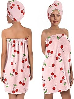 Women's Cherry Print Towel Wrap and Hair Drying Cap Set – Cute Pink Microfiber Shower Wrap with Adjustable Closure – Quick Dry Spa, Dorm, Beach Gift for Her