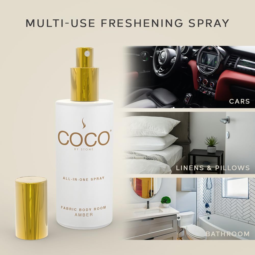 COCO by Stone 5oz All-in-One Spray (Amber) Shake & Spray Formula for Fabric, Pillows, Interiors, Clothing, Home Fragrance Accessories, Room Perfume, Room Deodorizer, Vegan & Cruelty-Free