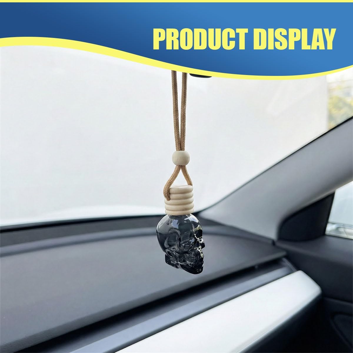2PCS Hanging Car Essential Oil Diffuser Bottles, Skull Auto Interior Decoration Pendant, Refillable 8ml Empty Glass Bottle Auto Ornament, Funny Car Rear View Mirror Charm Accessories (Shoelace)