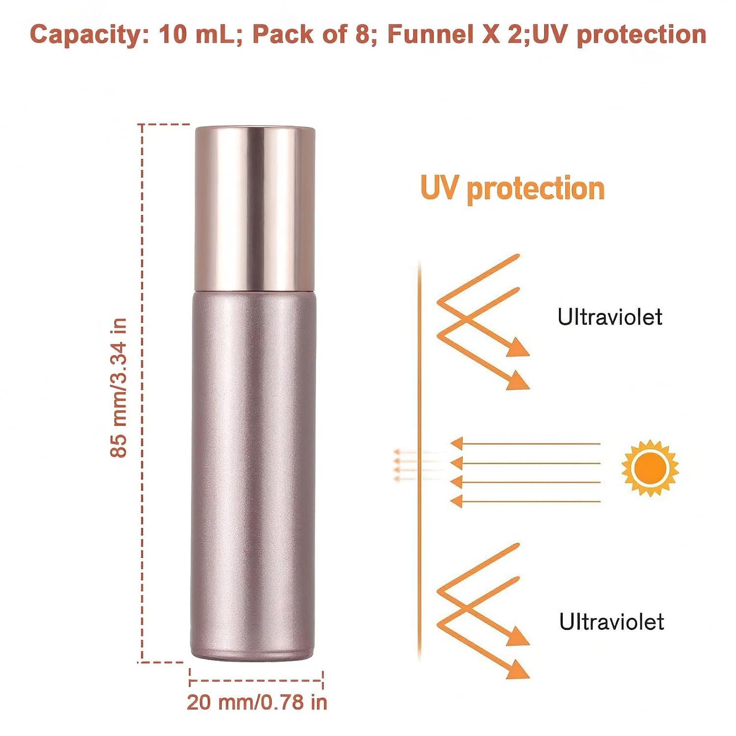 8Pcs 10ml Essential Oil Roller Bottles, 1/3 oz Refillable Roll On Vials with Funnels, Small Glass Containers with Stainless Steel Ball for Perfumes Aromatherapy Liquid, Matte Rose Gold