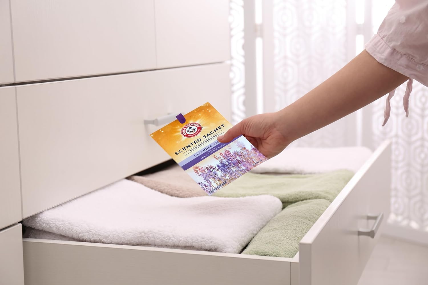 ARM & HAMMER 3 Pack Scented Sachets for Drawers & Closet with Hanging Ribbon, Real Baking Soda (Sweet Peonies)