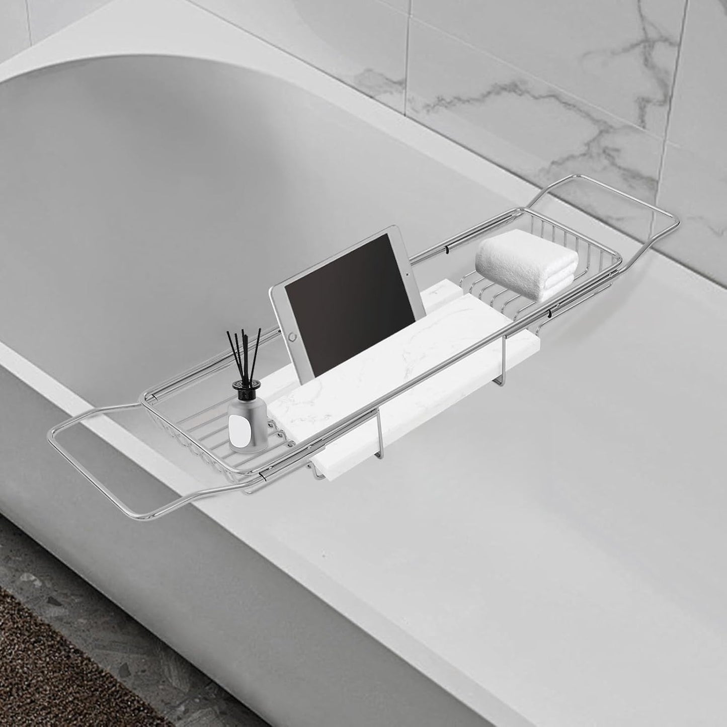 Stainless Steel Bathtub Tray with Removable Marble Board,Extendable Rectangular Bathtub Tray,Adjustable Bath Caddy Board for for Bath Bombs, Spa, Shower (Silver+White)