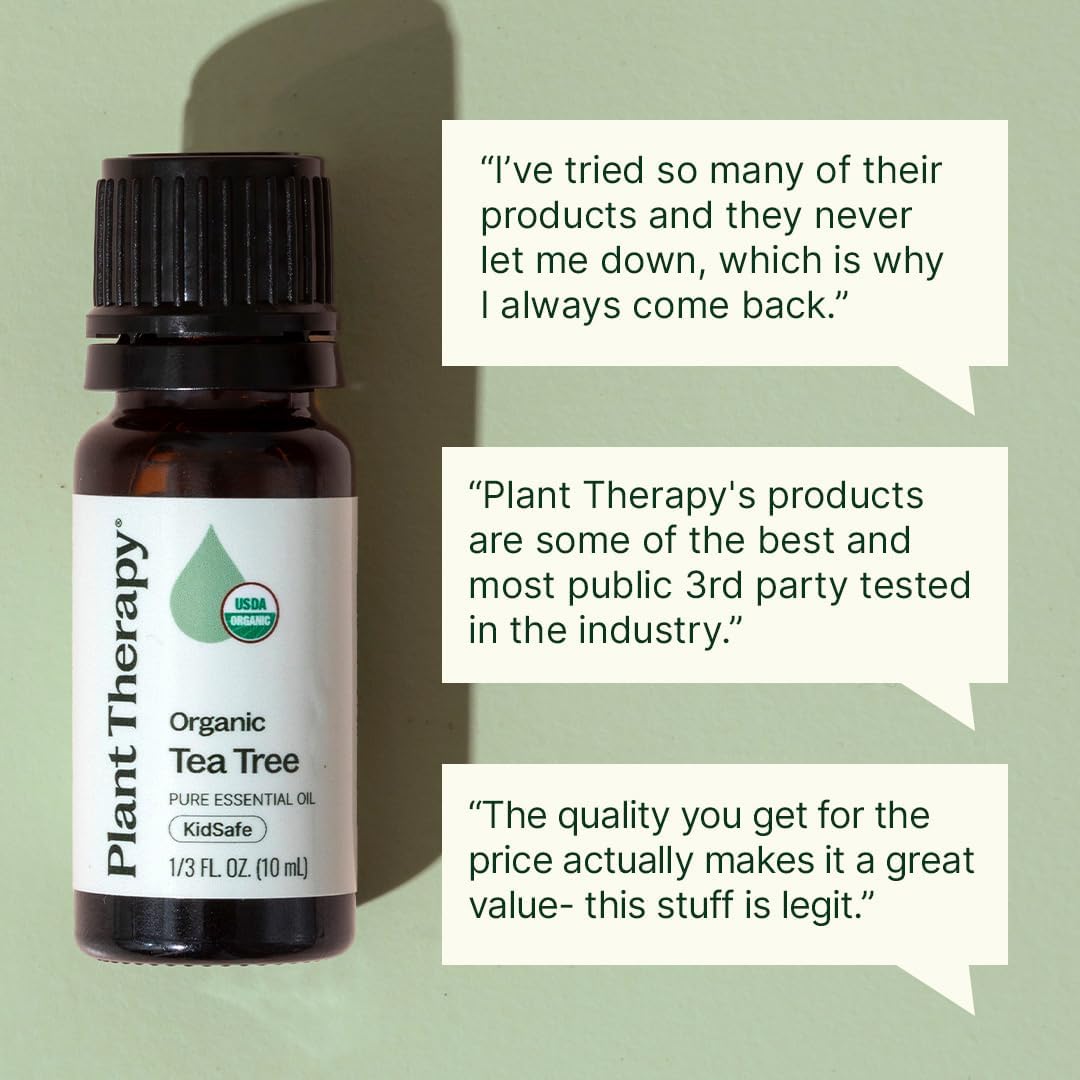 Plant Therapy Organic Tea Tree Oil (Melaleuca) 100% Pure, USDA Certified Organic, Undiluted, Natural Aromatherapy for Skin, Hair, and Toenails, Therapeutic Grade 10 mL (1/3 oz)